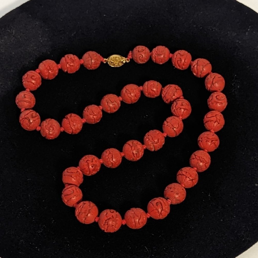 Carved Cinnabar Bead Necklace Vintage Hand Knotted Boho Mid Century Red Chinese